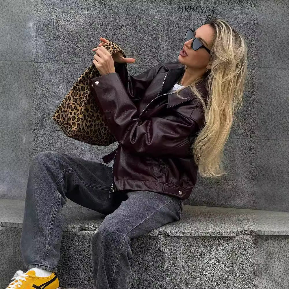Solid Color Lapel Zipper Jacket Fashion Leather Coat Tops Women Clothing