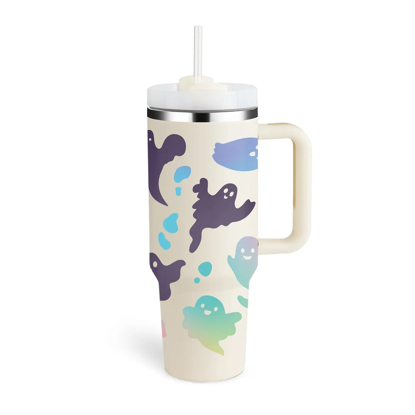 40 Oz Tumbler With Handle Straw Insulated Halloween Cream white B 1200ML