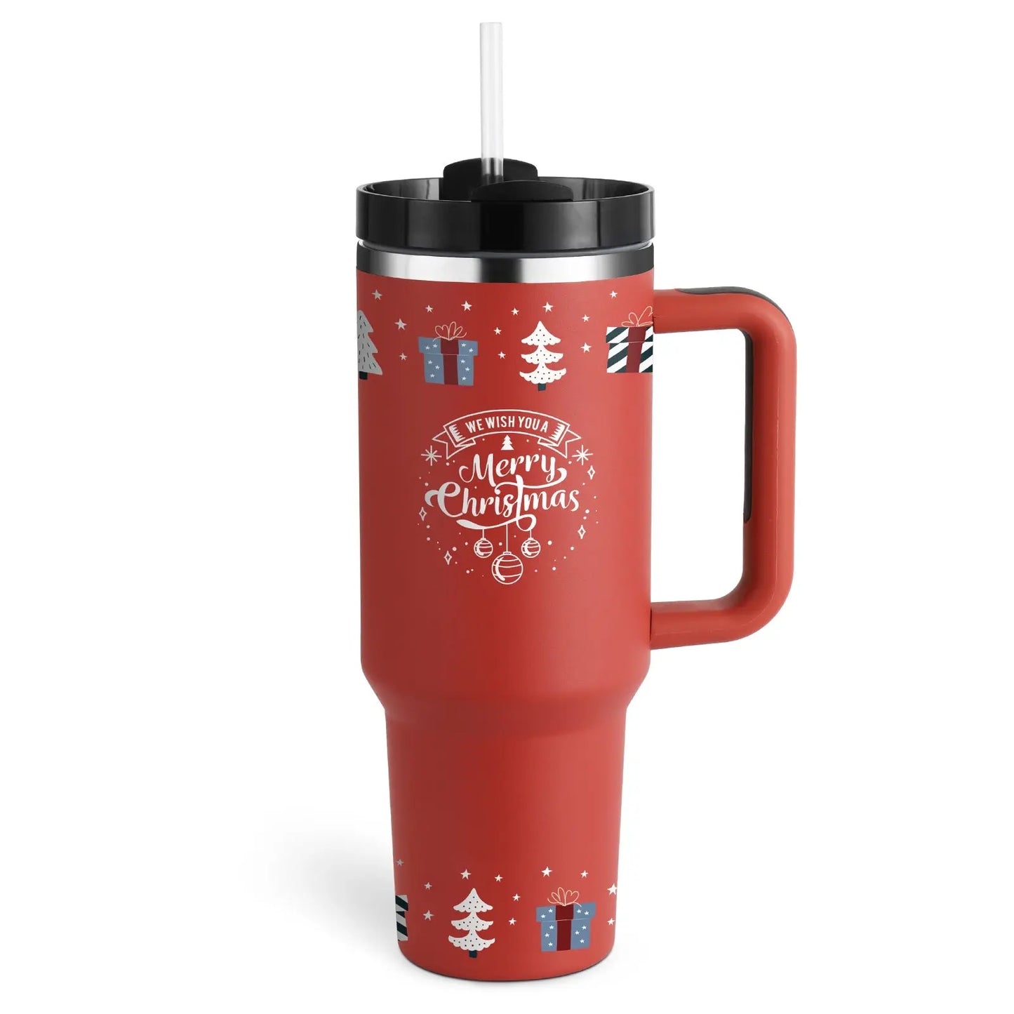 40 Oz Tumbler With Handle Straw Insulated Christmas Red B 1200ML