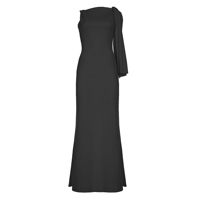 Pure Desire Style Off-shoulder Diagonal Collar Lace-up Dress Black