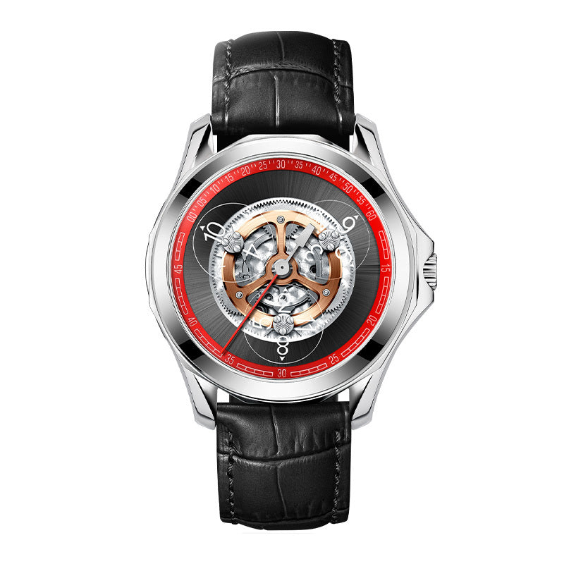 Small Watch Men's Automatic Hollow Mechanical Watch Silver red