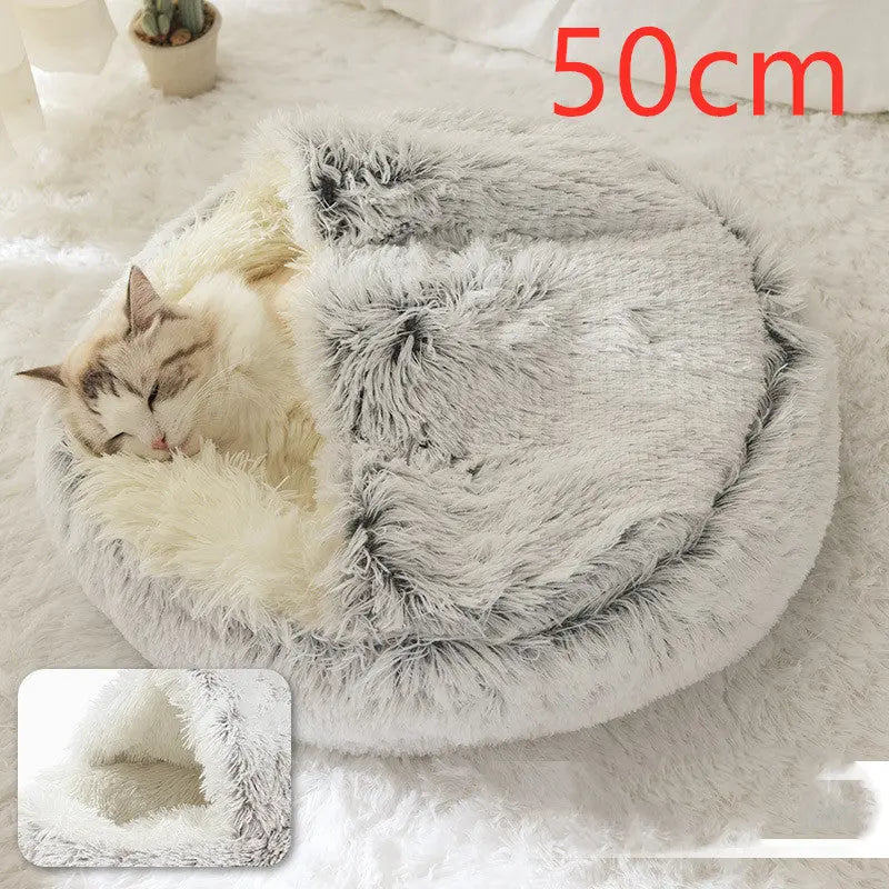 2 In 1 Dog And Cat Bed Pet Winter Bed Round Plush Warm Bed Hair Grey50cm