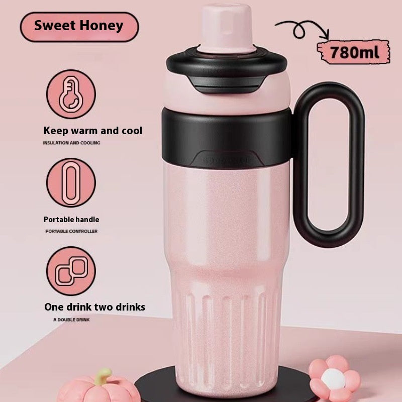 780ml Gradient Double Drink Thermal Cup Stainless Steel With Straw Cup Pink 780ml