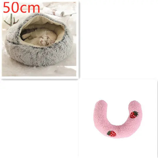 2 In 1 Dog And Cat Bed Pet Winter Bed Round Plush Warm Bed Grey50cm SetC