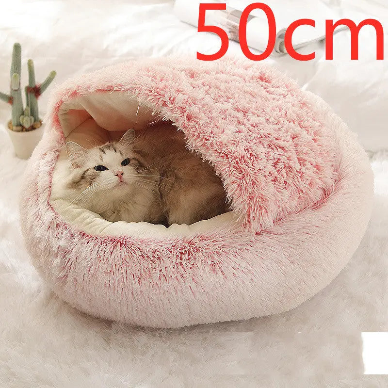 2 In 1 Dog And Cat Bed Pet Winter Bed Round Plush Warm Bed Pink50cm
