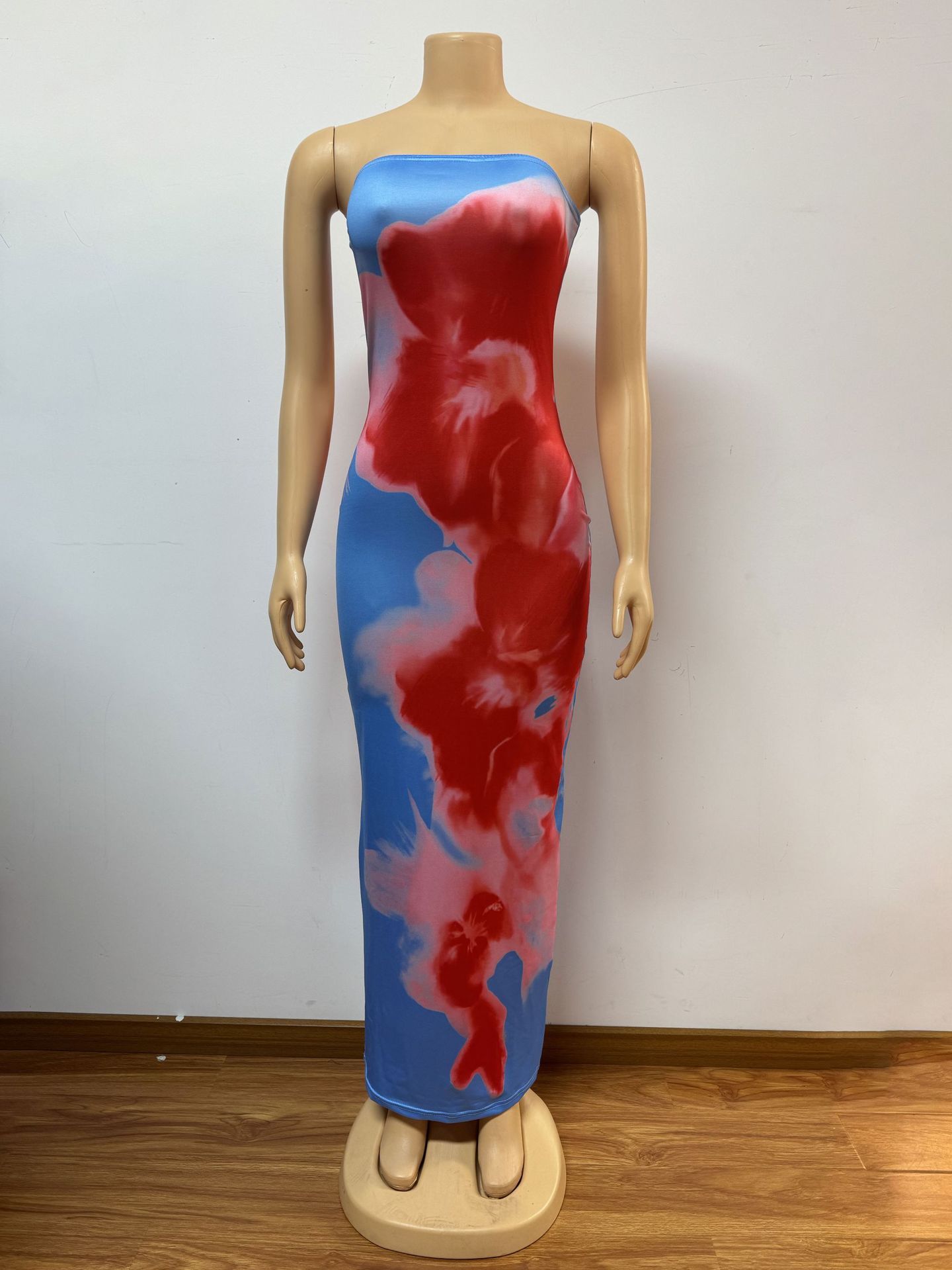Contrast Color Floral Sexy Tube Top Dress Blue