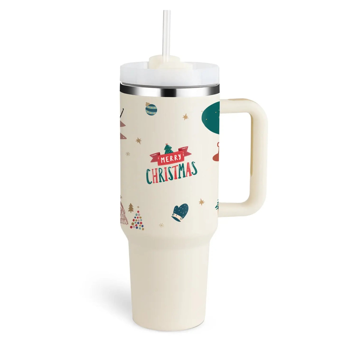 40 Oz Tumbler With Handle Straw Insulated Christmas Beige 1200ML