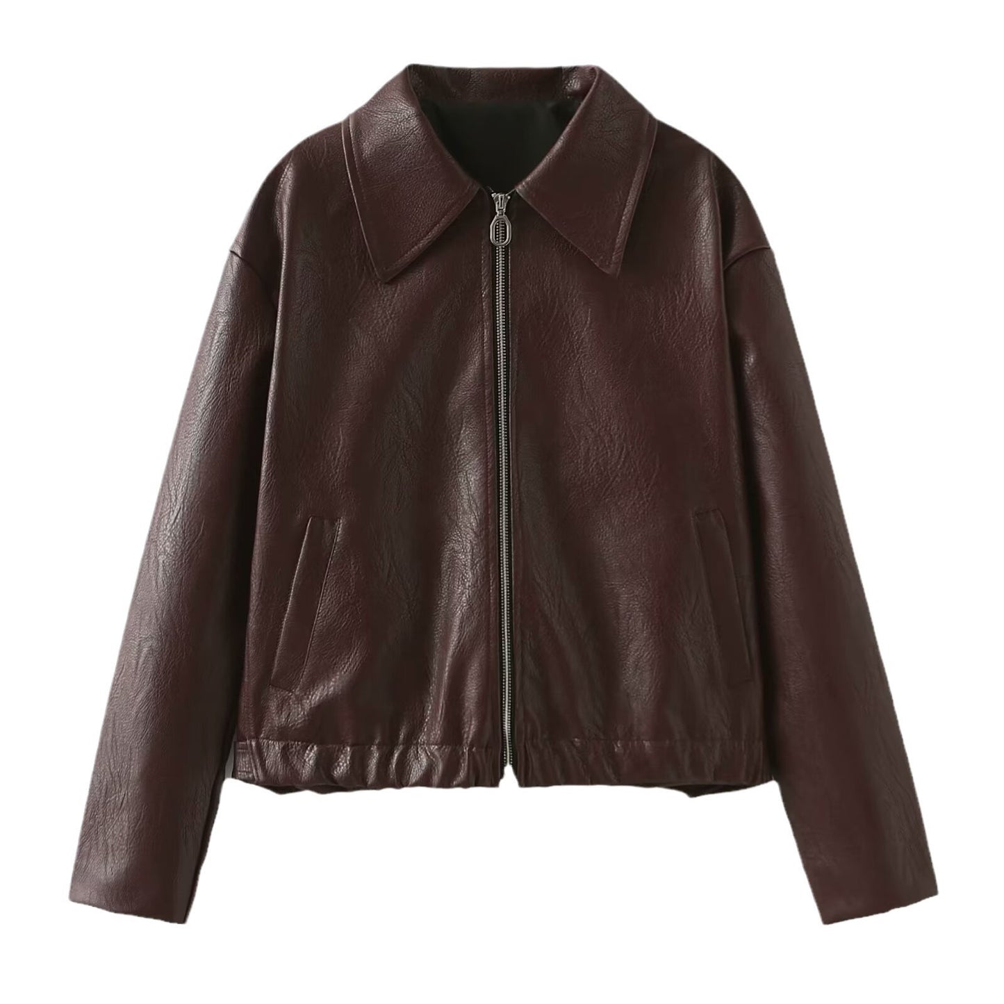 Solid Color Lapel Zipper Jacket Fashion Leather Coat Tops Women Clothing Burgundy