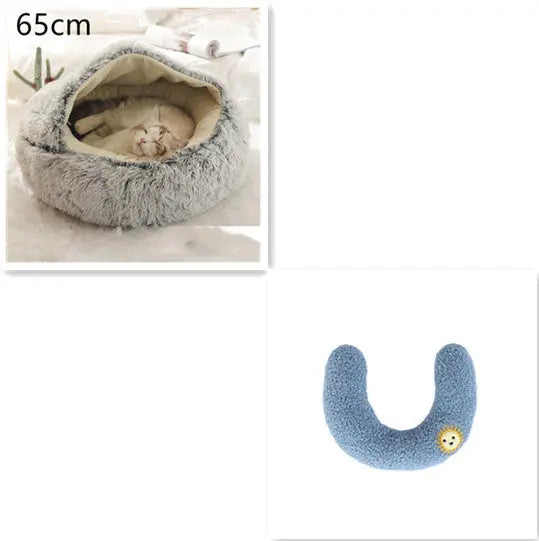 2 In 1 Dog And Cat Bed Pet Winter Bed Round Plush Warm Bed Grey65cm SetD