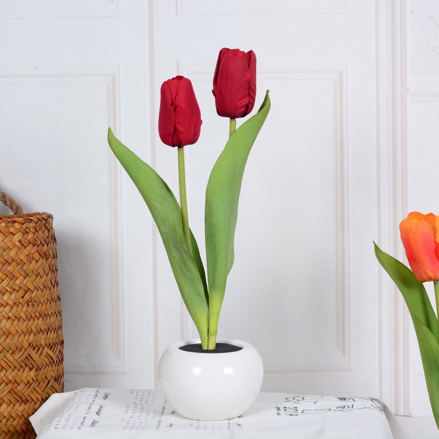 LED Tulip Flower Night Light Artificial Flowerpot Potted Plant Landscape Table Lamp Red 2heads Battery