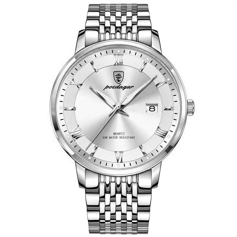 Men's Watch Waterproof Luminous Calendar Quartz Watch 869 Silver Case White Noodles
