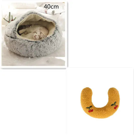 2 In 1 Dog And Cat Bed Pet Winter Bed Round Plush Warm Bed Grey 40cm SetA