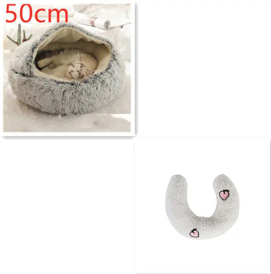 2 In 1 Dog And Cat Bed Pet Winter Bed Round Plush Warm Bed Grey50cm SetB