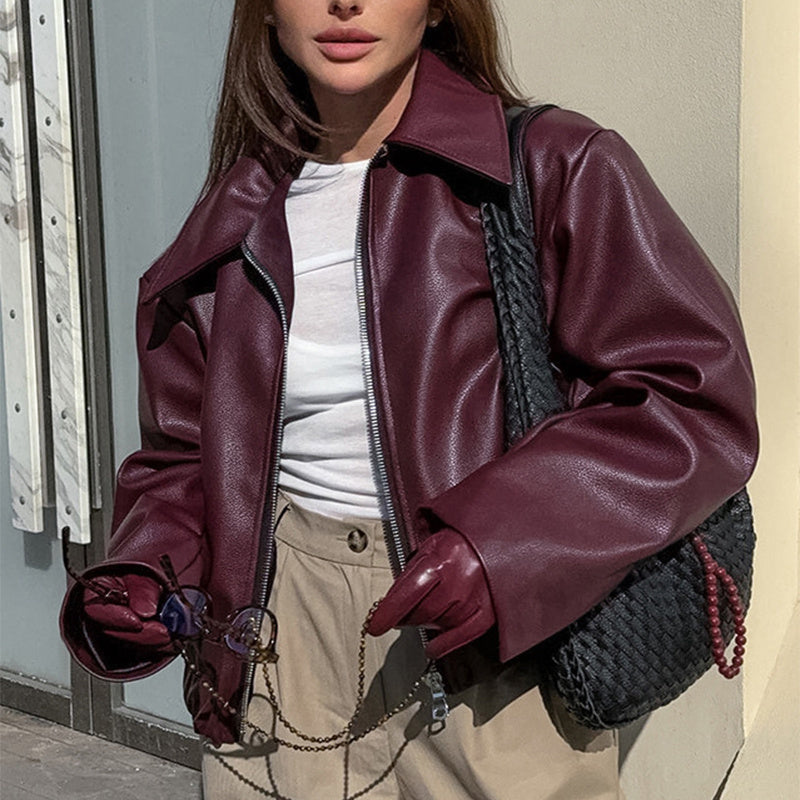 Solid Color Lapel Zipper Jacket Fashion Leather Coat Tops Women Clothing