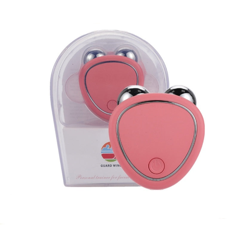 Portable Facial Micro-current Beauty Instrument Double Roller Massager Pink USB Box