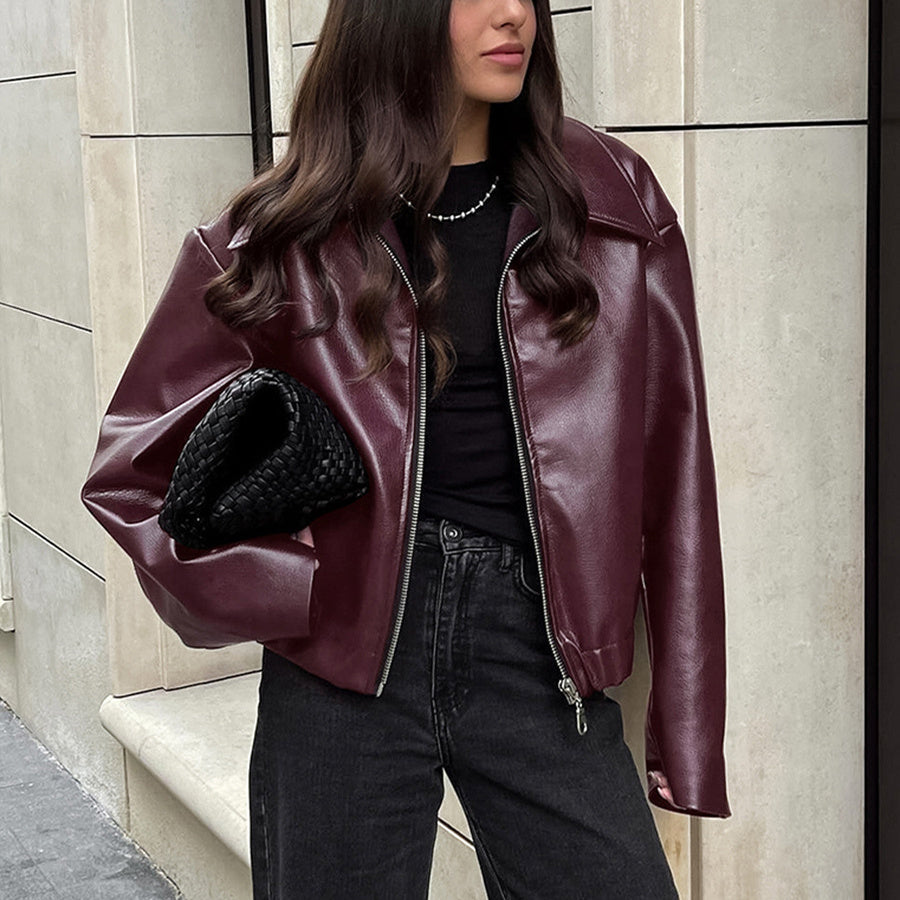 Solid Color Lapel Zipper Jacket Fashion Leather Coat Tops Women Clothing
