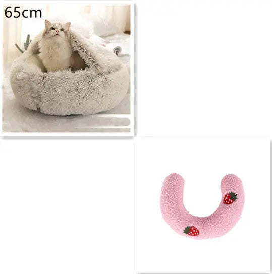 2 In 1 Dog And Cat Bed Pet Winter Bed Round Plush Warm Bed Brown 65cm SetC