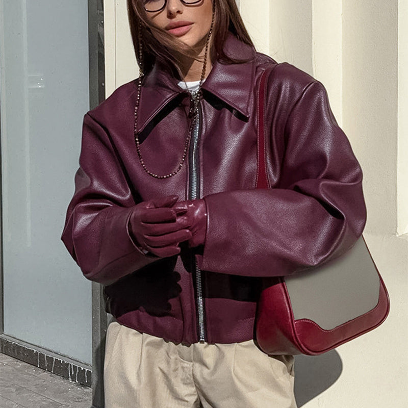 Solid Color Lapel Zipper Jacket Fashion Leather Coat Tops Women Clothing