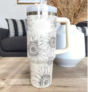 40 Oz Tumbler With Handle Straw Insulated Sunflower 1200ML