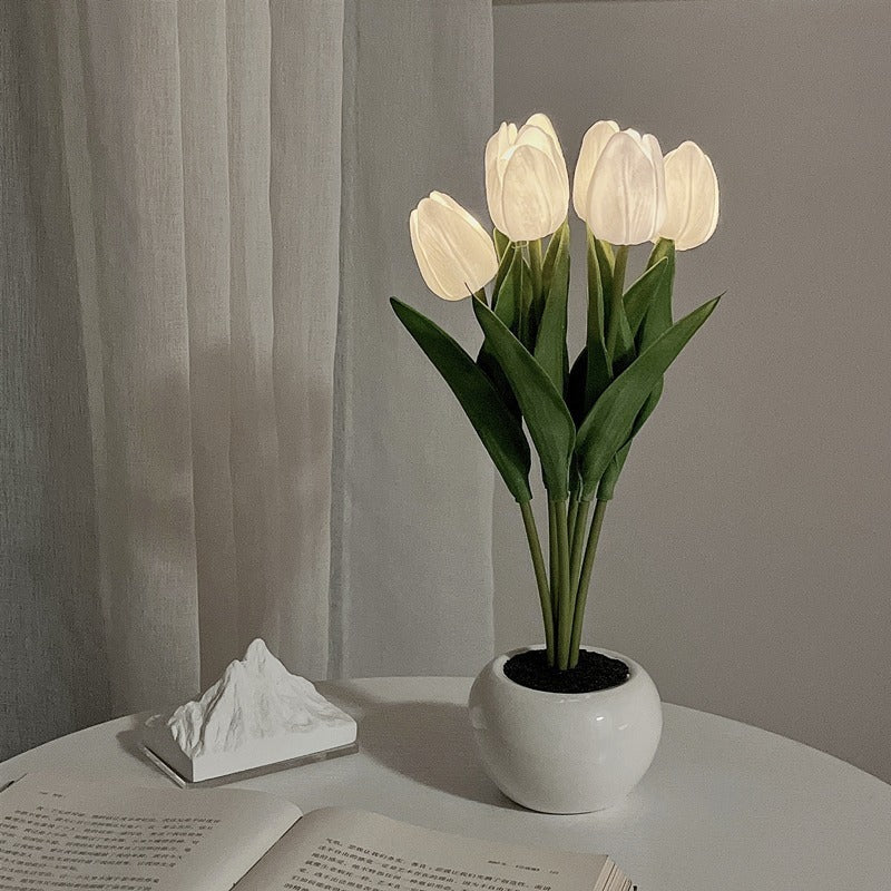 LED Tulip Flower Night Light Artificial Flowerpot Potted Plant Landscape Table Lamp White 6heads Battery