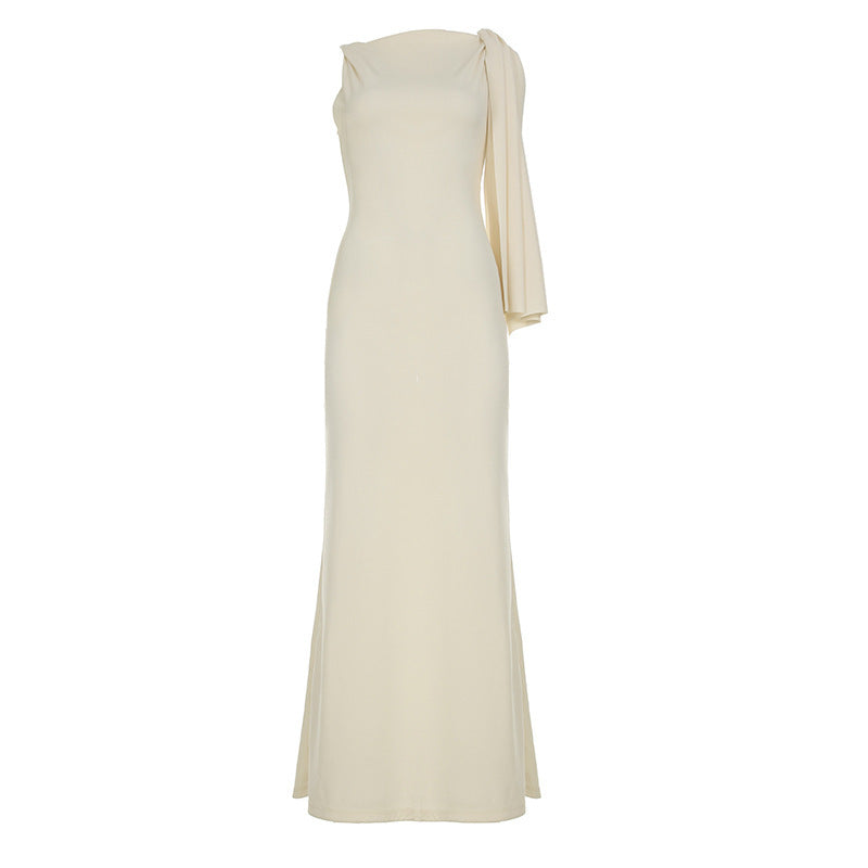 Pure Desire Style Off-shoulder Diagonal Collar Lace-up Dress Skin Color