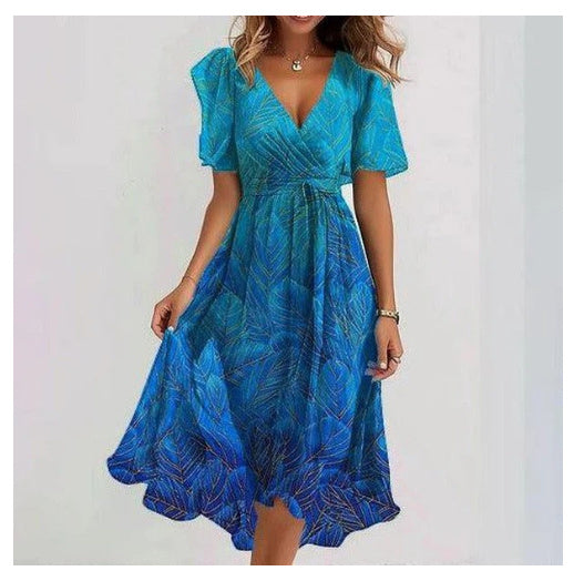 Chiffon Printed Short Sleeve Dress Elegant V-neck Dresses Gradient Blue