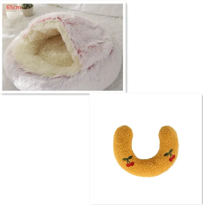 2 In 1 Dog And Cat Bed Pet Winter Bed Round Plush Warm Bed Hair Pink 65cm SetA