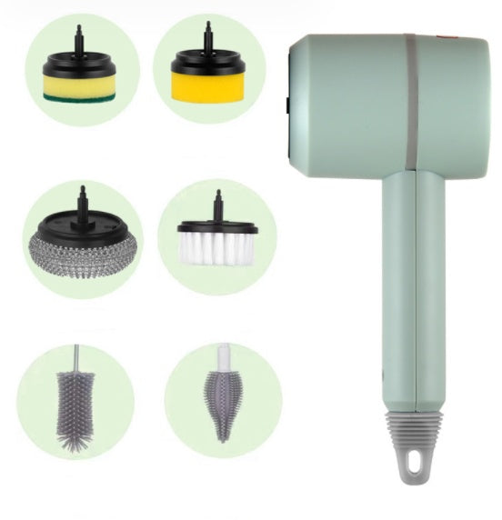 Electric Cleaning Brush Multifunctional Scouring Pad Green With six brush heads 1PC