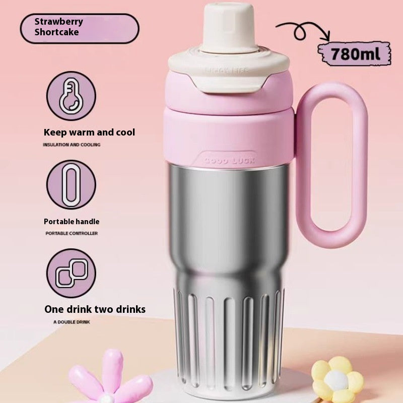 780ml Gradient Double Drink Thermal Cup Stainless Steel With Straw Cup Silver 780ml