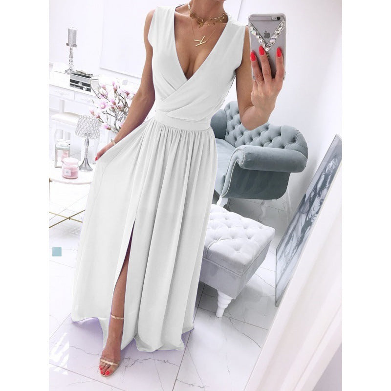 Women's Summer Sleeveless And Ankle Skirt Solid Color V-neck Front Split Long Dress White