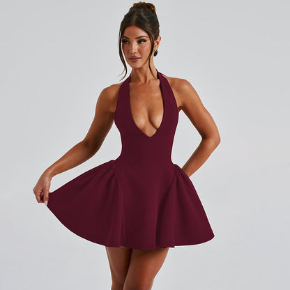 Sexy Halter Dress Ins Fashion Slim Short Dress For Party Clothing Women Wine red