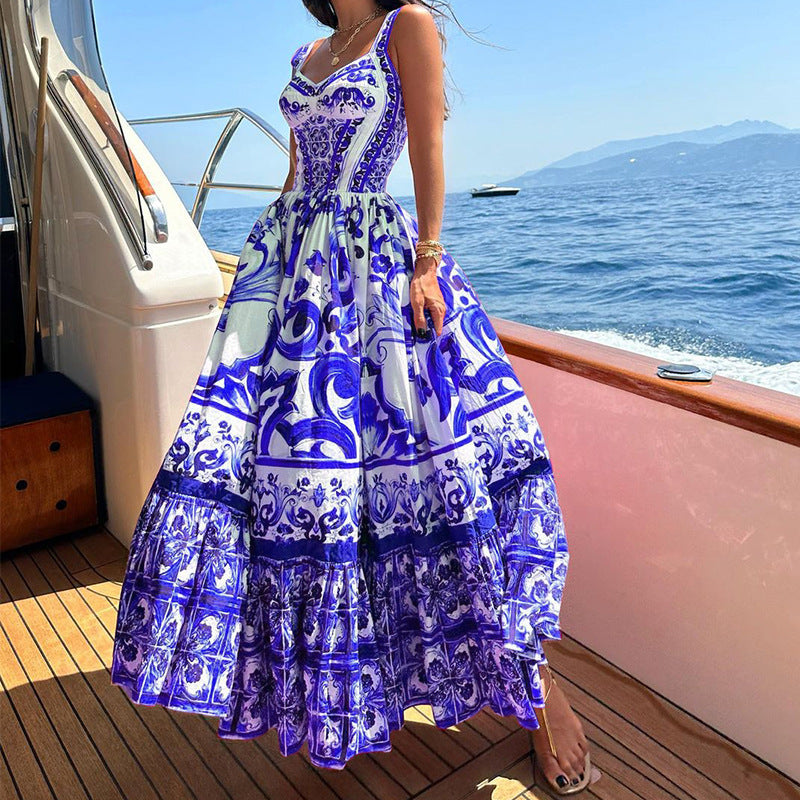 Printed Sleeveless Dress For Women Royal Blue