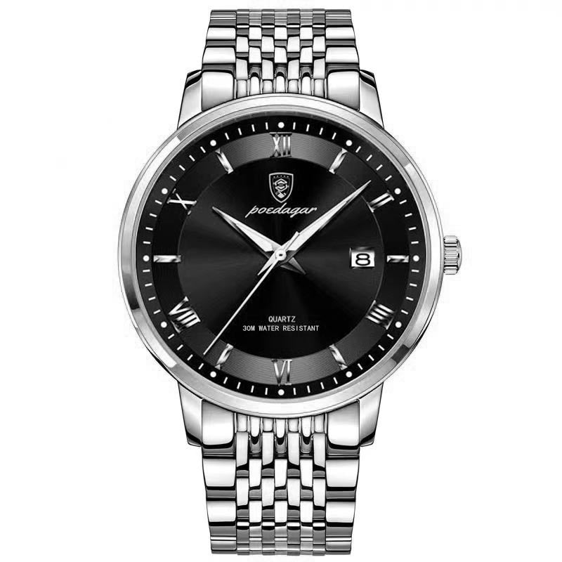 Men's Watch Waterproof Luminous Calendar Quartz Watch 869 Silver Case Black Noodles