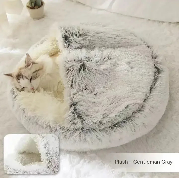 2 In 1 Dog And Cat Bed Pet Winter Bed Round Plush Warm Bed Grey plush 80cm