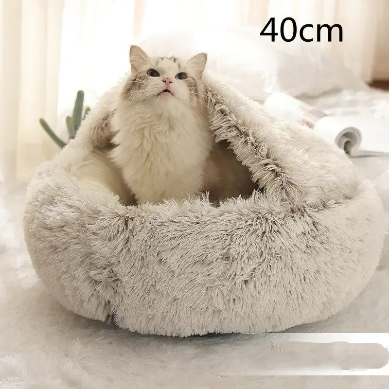 2 In 1 Dog And Cat Bed Pet Winter Bed Round Plush Warm Bed Brown 40cm