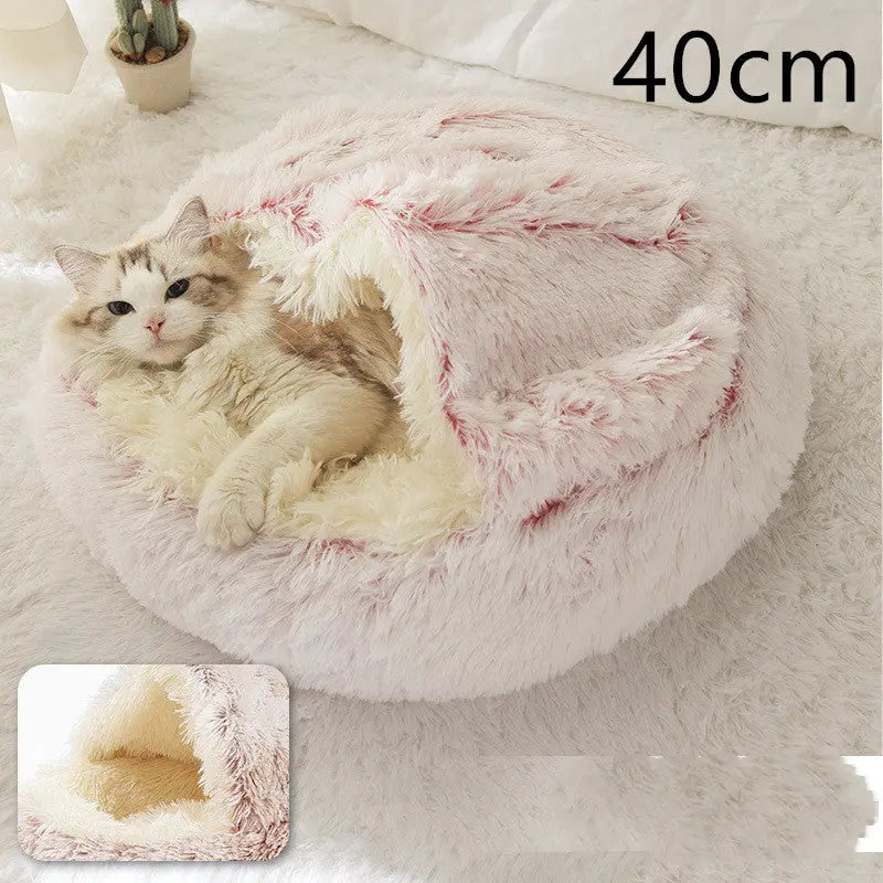 2 In 1 Dog And Cat Bed Pet Winter Bed Round Plush Warm Bed Hair Pink 40cm