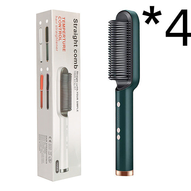 New 2 In 1 Hair Straightener Hot Comb Negative Ion Curling Electric Hair Brush 4pcs Green US With box