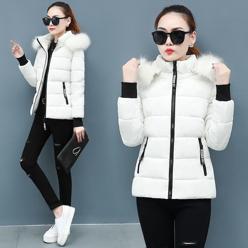 Thicken Big Fur Collar Plus Size Fat Sister Cotton-padded Coat White