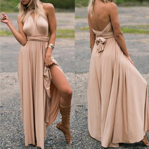 Women's Sexy Long Party Dress Club Floor-Length Summer Backless Bandage Maxi Dress Champagne