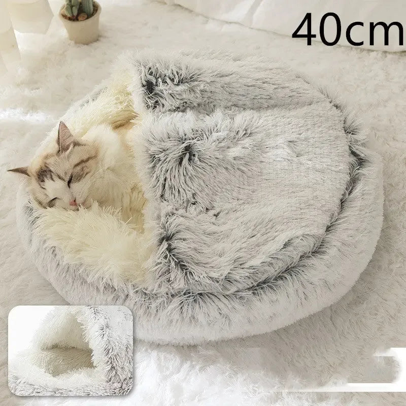 2 In 1 Dog And Cat Bed Pet Winter Bed Round Plush Warm Bed Hair Grey 40cm