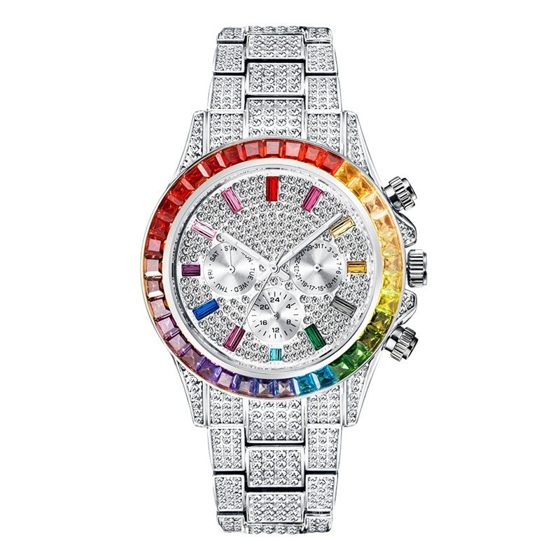 Women's Watch Disc Quartz Movement Simple Casual Business Steel Band Silver rainbow