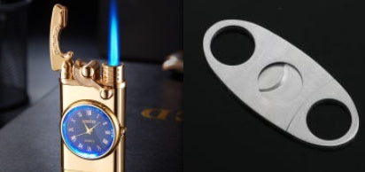 New Lighter With Electric Watch Rocker Arm Automatic Ignition Straight Blue Flame Lighter Gold set Single flame