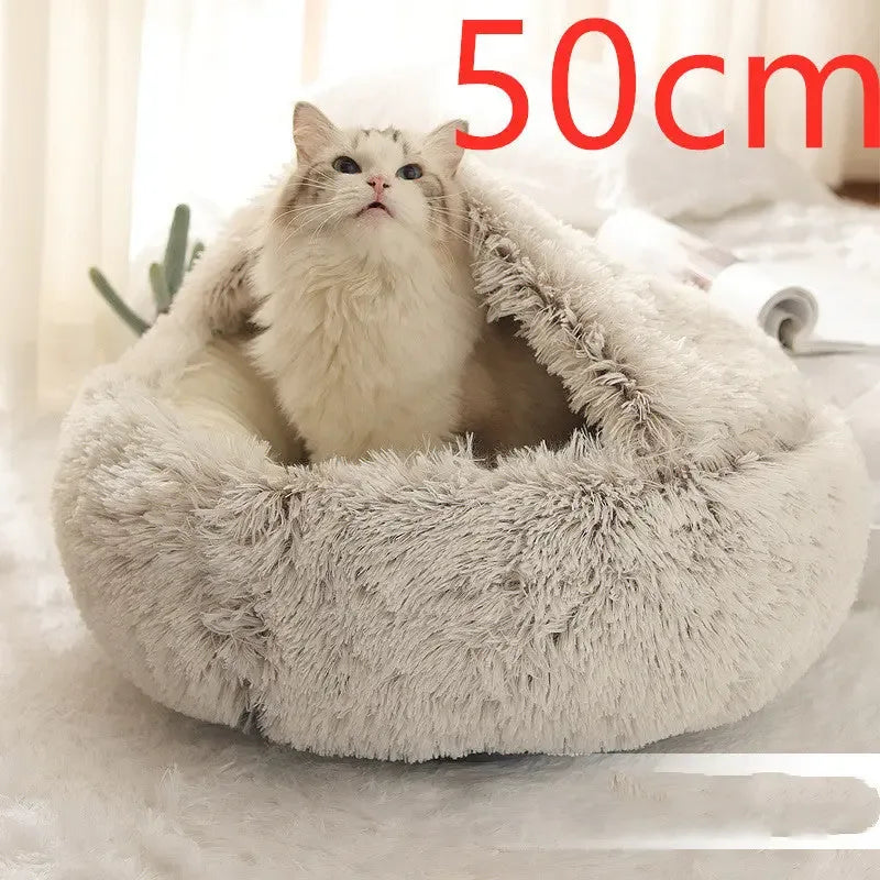 2 In 1 Dog And Cat Bed Pet Winter Bed Round Plush Warm Bed Brown50cm
