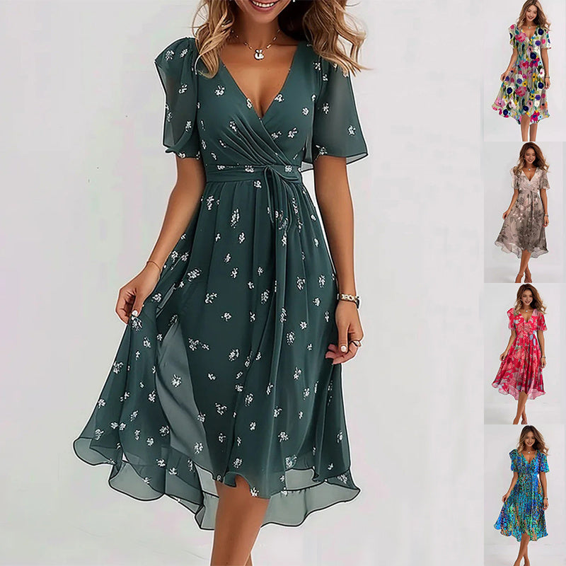 Chiffon Printed Short Sleeve Dress Elegant V-neck Dresses