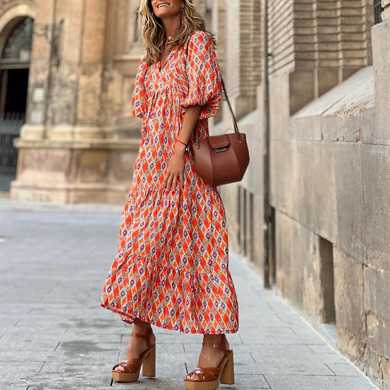 Summer Women's Vintage Printed Bohemian Dress Elegant Ladies Casual Loose V-Neck Short Sleeve Long Dresses Red Geometry