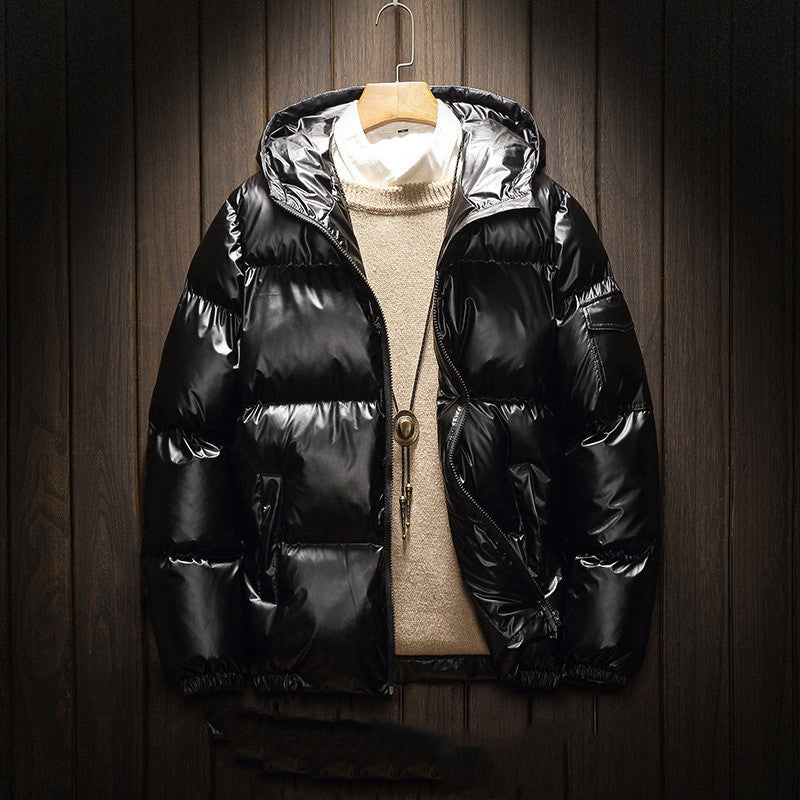 shiny solid color plus size hooded cotton coat Black