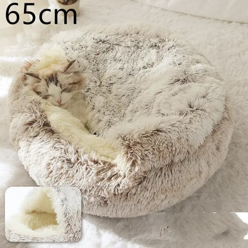 2 In 1 Dog And Cat Bed Pet Winter Bed Round Plush Warm Bed Hair Brown65cm