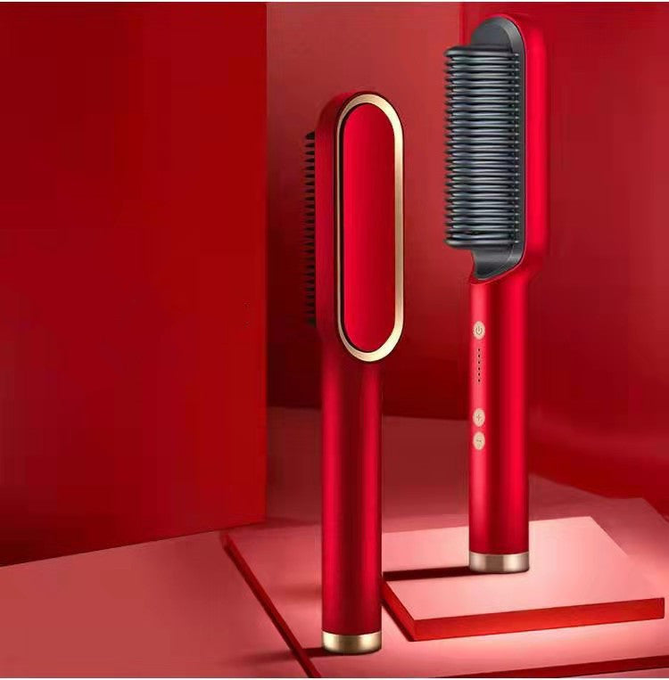 New 2 In 1 Hair Straightener Hot Comb Negative Ion Curling Electric Hair Brush Red Opp pack
