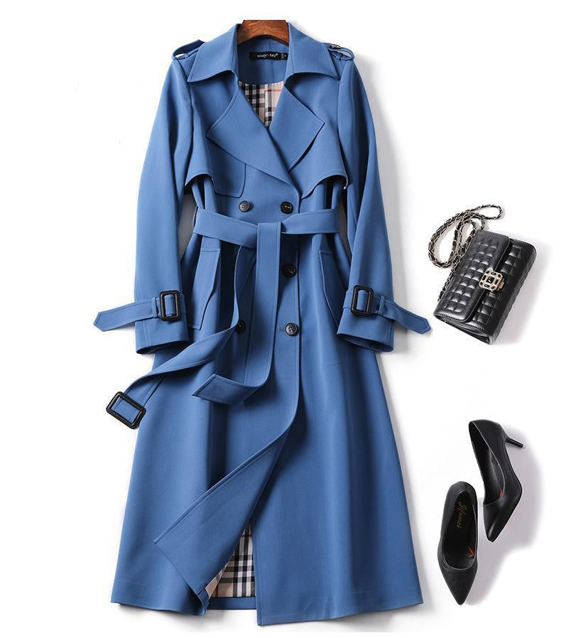 Double-breasted Mid-length Tie Trench Coat Blue