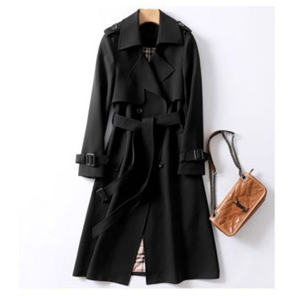 Double-breasted Mid-length Tie Trench Coat Black